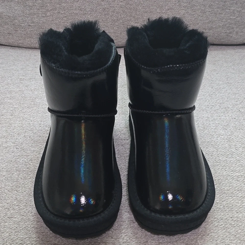 Metallic Black Faux Fur Rhinestone Tassel Bow Boots